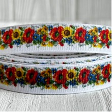 Репс 1,5 см, веночек с маков и подсолнухов, на белом фоне, рулон 23 м