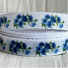 Репс 1,5 см, синии васильки, на белом фоне, рулон 23 м