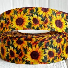 Репс 2,5 см, желтые подсолнухи, на зеленом фоне, рулон 23 м