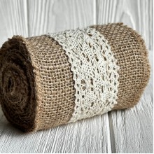 Лента-мешковина с вязаным кружевом широкая, 10 см, натуральный с молочным, рулон 2 ярда