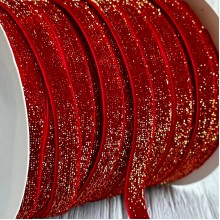 Лента велюр с перламутром, 1 cм, красный, рулон 45 м