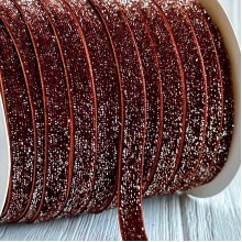 Лента велюр с перламутром, 1 cм, шоколадный, рулон 45 м