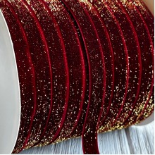 Лента велюр с перламутром, 1 cм, бордовый, рулон 45 м