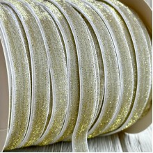 Лента велюр с перламутром, 1 cм, бело-золотой, рулон 45 м
