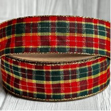 Лента шотландка, 2,5 см, зелено-красно-золотая, рулон 18,5 м