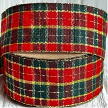 Лента шотландка, 4 см, зелено-красно-золотая, рулон 18,5 м