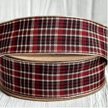 Лента шотландка, 2,5 см, бордово-бело-черная, рулон 18,5 м