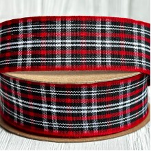 Лента шотландка, 2,5 см, красно-бело-черная, рулон 18,5 м
