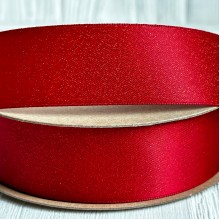 Лента атласная двусторонняя с золотым напылением, 2,5 см, красный, рулон 18 м