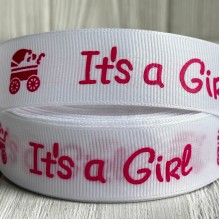 Репс 2,5 см, It's a Girl, белый, рулон 23 м
