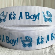 Репс 2,5 см, It's a Boy, белый, рулон 23 м