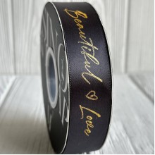 Лента атласная "Beautiful love", 2,5 см, графитовая, рулон 30 м