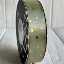 Лента атласная в золотое сердечко, 2,5 см, авокадо, рулон 30 м