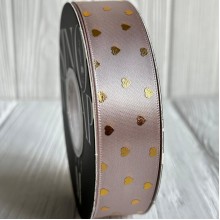 Лента атласная в золотое сердечко, 2,5 см, бежево-серый, рулон 30 м
