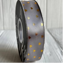 Лента атласная в золотое сердечко, 2,5 см, серый, рулон 30 м