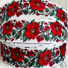 Репс 2,5 см, красная ружа с калиной на белом, рулон 23 м