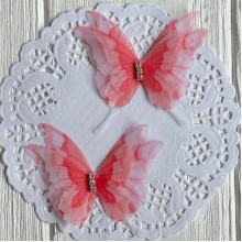 Шифоновая бабочка трехслойная со стразами (хамелеон), 6х5,5 см, розово-коралловая, упаковка 25 шт.