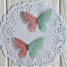 Шифоновая бабочка трехслойная со стразами (двосторонняя), 5,4х4,2 см, кораллово-зеленая, упаковка 25 шт.