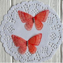 Шифоновая бабочка трехслойная со стразами (двосторонняя), 5,4х4,2 см, красно-коралловая, упаковка 25 шт.