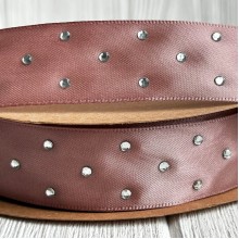 Атлас со стразами, 2,5 см, бежево-розовый, рулон 18,5 м