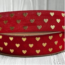 Лента мешковина с золотым сердечком, 2,5 см, красная, рулон 9 м