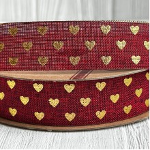 Лента мешковина с золотым сердечком, 2,5 см, бордовая, рулон 9 м
