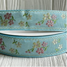 Лента с вышивкой (D19826), 2,5 см, голубая, рулон 23 м