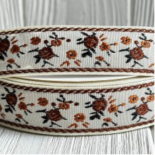 Лента с вышивкой (D19830), 2,5 см, молочно-коричневая, рулон 23 м