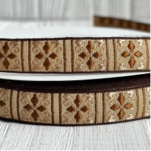 Лента с вышивкой (D19815), 1,5 см, бежево-коричневая, рулон 23 м