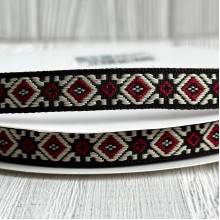 Лента с вышивкой (D19807), 1,2 см, черно-бело-красная, рулон 23 м