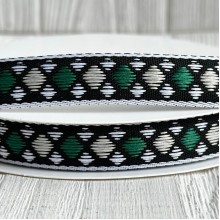 Лента с вышивкой (D19818), 1,8 см, черно-бело-зеленая, рулон 23 м