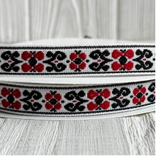 Лента с вышивкой (D19811), 1,5 см, бело-красно-черная, рулон 23 м