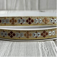 Лента с вышивкой (D19803), 1,2 см, бежево-коричневая, рулон 23 м