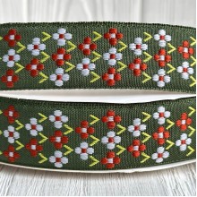 Лента с вышивкой (D19833), 2,5 см, оливково-кирпичная, рулон 23 м