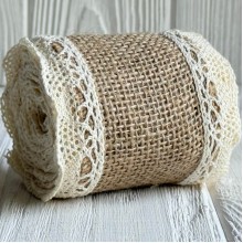 Лента-мешковина с вязаным кружевом, 6 см, натуральный с молочным, рулон 2 м