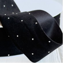 Лента велюр со стразами, 6 см, черная, рулон 45 м