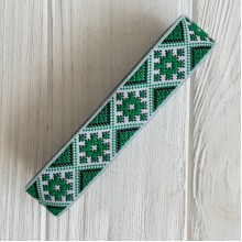 Тесьма вышиванка (узор из ромбов), 2,5 см, зеленая с белым, рулон 7 м