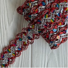 Тесьма с паетками (D30290), 3,8 см, красная с серебром, рулон 13 м