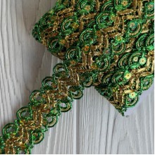 Тесьма с паетками (D30290), 3,8 см, зеленая с золотом, рулон 13 м