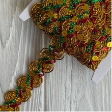 Тесьма с паетками (D30277), 2,5 см, золото с красно-зеленым, рулон 13 м