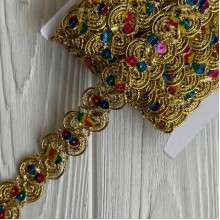 Тесьма с паетками (D30071), 2,5 см, золото с цветной паеткой, рулон 13 м