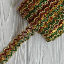 Тесьма с паетками (D30297), 2,3 см, золото с красно-зеленым, рулон 13 м