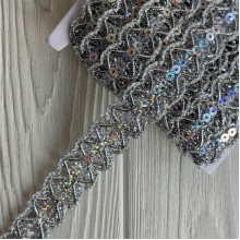 Тесьма с паетками (D30297), 2,3 см, серебро, рулон 13 м