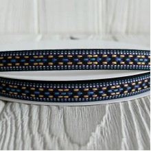 Лента с вышивкой (D19875), 1,3 см, черно-фиолетово-голубая, рулон 23 м