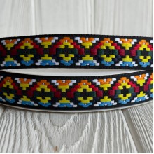 Лента с вышивкой (D19876), 2,5 см, черно-оранжево-красная, рулон 23 м