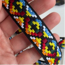 Лента с вышивкой (D19876), 2,5 см, черно-оранжево-красная, рулон 23 м