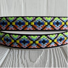 Лента с вышивкой (D19877), 2,5 см, черно-салатово-голубая, рулон 23 м