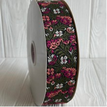 Лента с вышивкой (D19878), 5 см, черно-оливково-кораловая, рулон 23 м