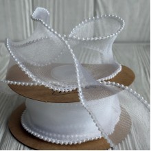 Лента с органзы с жемчужным кантом (D30333), 4 см, белая, рулон 9 м