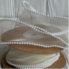 Лента с органзы с жемчужным кантом (D30333), 4 см, молочная, рулон 9 м